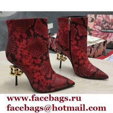 Dolce & Gabbana Thin Heel 10.5cm Leather Ankle Boots Snake Print Red with Baroque DG Heel 2021 - Click Image to Close